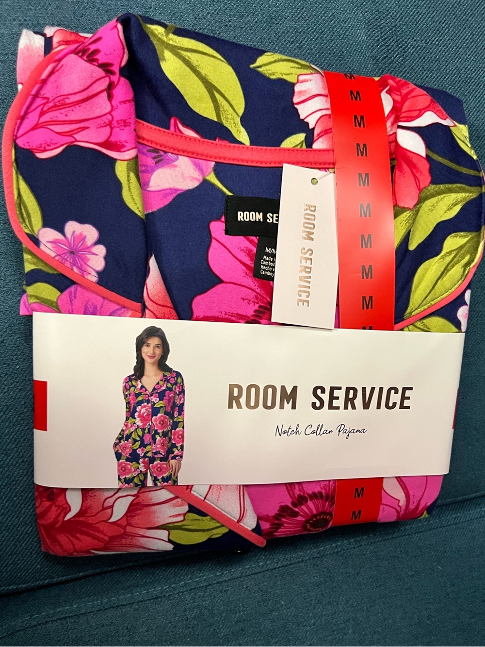 Room Service Women’s Notch Collar Pajama Set - Navy with Pink Floral